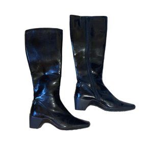Aquatalia 2000's / y2k vintage black leather knee high square toe boots